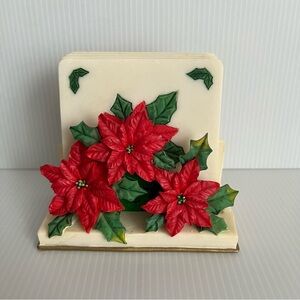 Hand painted Poinsettia coaster set red green cream resin
